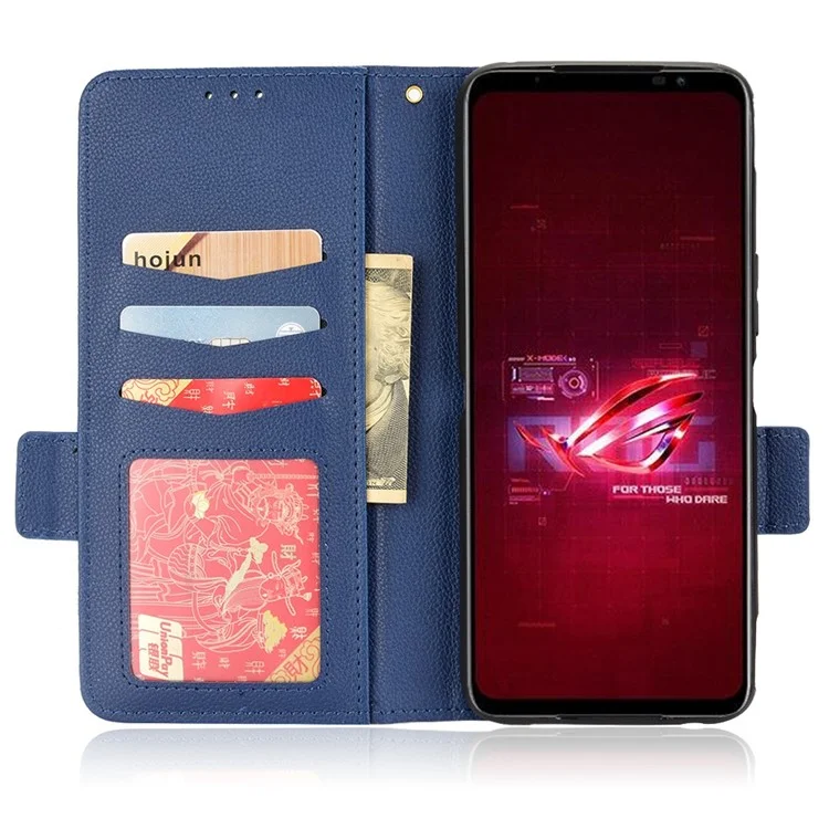 Pour le Téléphone Asus ROG 6 5G / Téléphone 6 Pro 5G pu Leather Dual Magnetic Clasp Flip Cover Stand Compartiage Litchi Texture Wallet Purse - Bleu Foncé