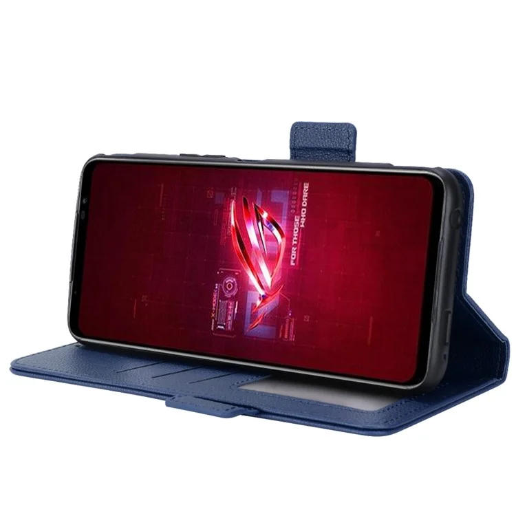 Pour le Téléphone Asus ROG 6 5G / Téléphone 6 Pro 5G pu Leather Dual Magnetic Clasp Flip Cover Stand Compartiage Litchi Texture Wallet Purse - Bleu Foncé