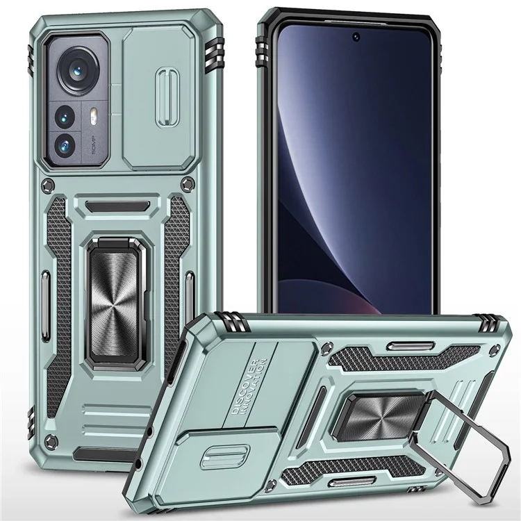 For Xiaomi 12 Pro 5G  /  12 Pro (Dimensity) 5G  /  12S Pro 5G Raise Bezel Design Phone Case PC + TPU Ring Kickstand Cell Phone Shell with Slide Camera Cover - Alpine Green