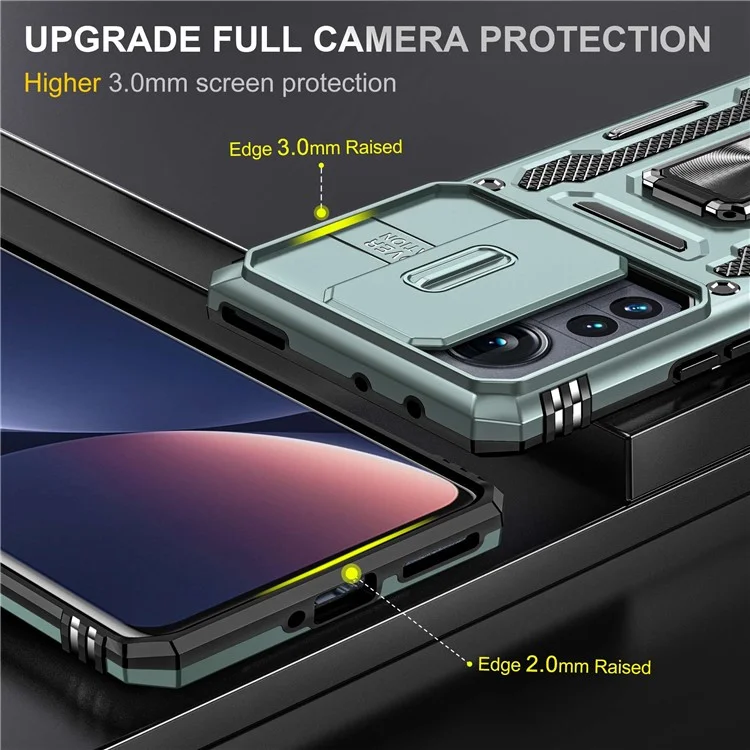 For Xiaomi 12 Pro 5G  /  12 Pro (Dimensity) 5G  /  12S Pro 5G Raise Bezel Design Phone Case PC + TPU Ring Kickstand Cell Phone Shell with Slide Camera Cover - Alpine Green