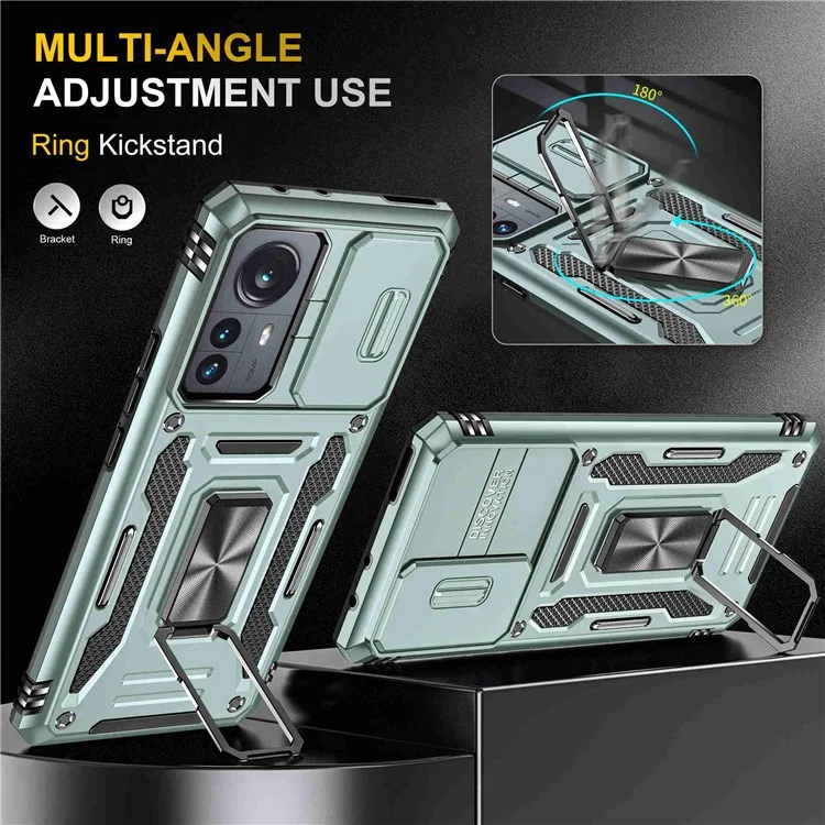 For Xiaomi 12 Pro 5G  /  12 Pro (Dimensity) 5G  /  12S Pro 5G Raise Bezel Design Phone Case PC + TPU Ring Kickstand Cell Phone Shell with Slide Camera Cover - Alpine Green