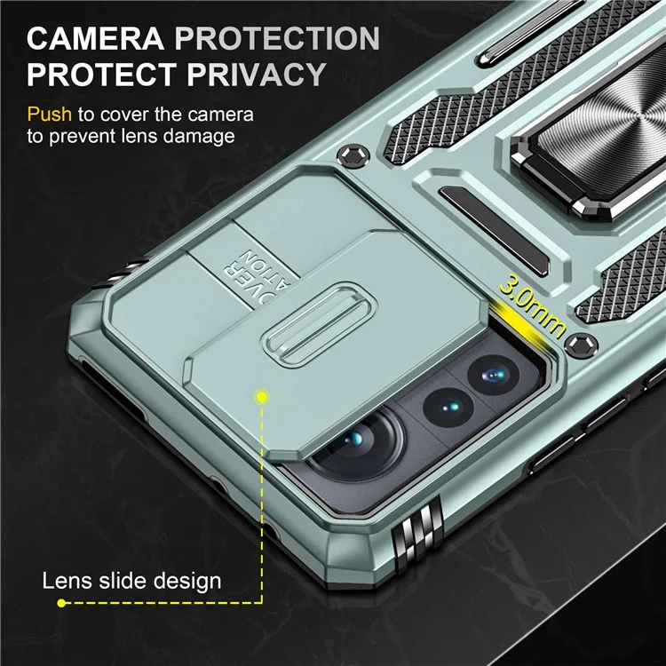 For Xiaomi 12 Pro 5G  /  12 Pro (Dimensity) 5G  /  12S Pro 5G Raise Bezel Design Phone Case PC + TPU Ring Kickstand Cell Phone Shell with Slide Camera Cover - Alpine Green
