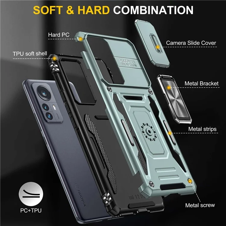 For Xiaomi 12 Pro 5G  /  12 Pro (Dimensity) 5G  /  12S Pro 5G Raise Bezel Design Phone Case PC + TPU Ring Kickstand Cell Phone Shell with Slide Camera Cover - Alpine Green