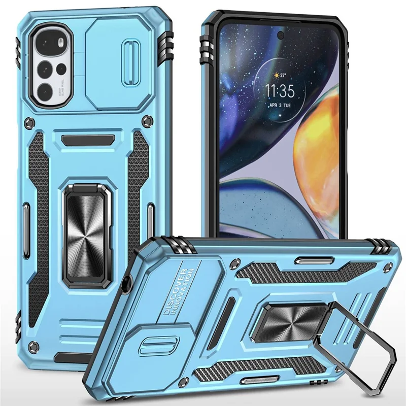 For Motorola Moto G22 Cell Phone Protector Lightweight PC + TPU Phone Case with Ring Kickstand + Slide Camera Cover - Light Blue