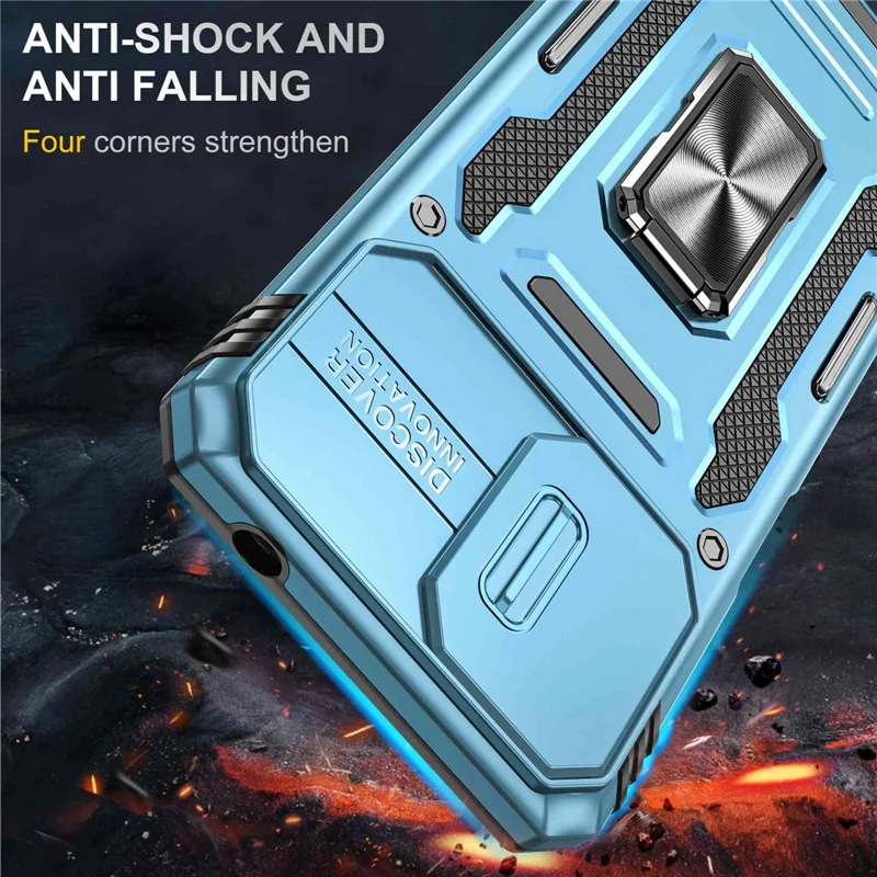 For Motorola Moto G22 Cell Phone Protector Lightweight PC + TPU Phone Case with Ring Kickstand + Slide Camera Cover - Light Blue