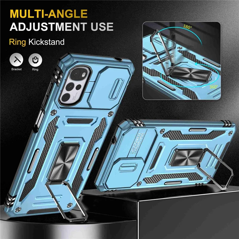 For Motorola Moto G22 Cell Phone Protector Lightweight PC + TPU Phone Case with Ring Kickstand + Slide Camera Cover - Light Blue