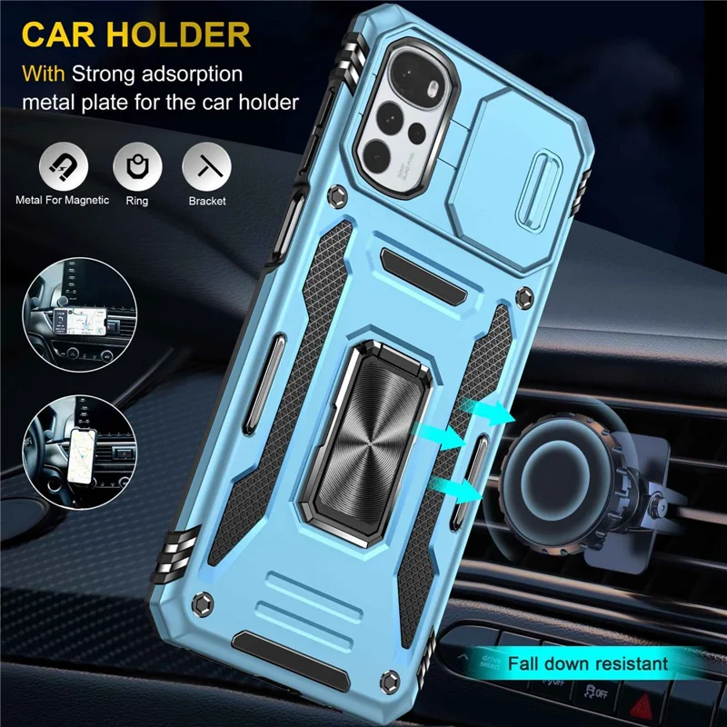 For Motorola Moto G22 Cell Phone Protector Lightweight PC + TPU Phone Case with Ring Kickstand + Slide Camera Cover - Light Blue