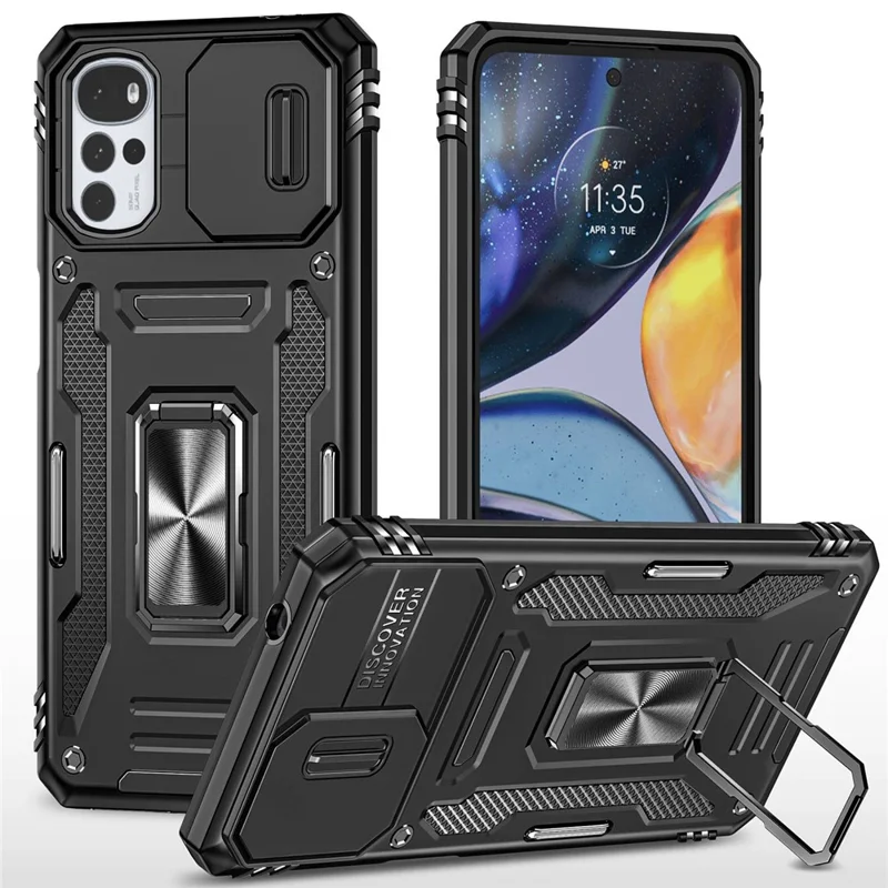 For Motorola Moto G22 Cell Phone Protector Lightweight PC + TPU Phone Case with Ring Kickstand + Slide Camera Cover - Black