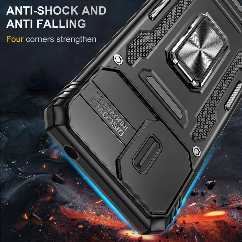 For Motorola Moto G22 Cell Phone Protector Lightweight PC + TPU Phone Case with Ring Kickstand + Slide Camera Cover - Black
