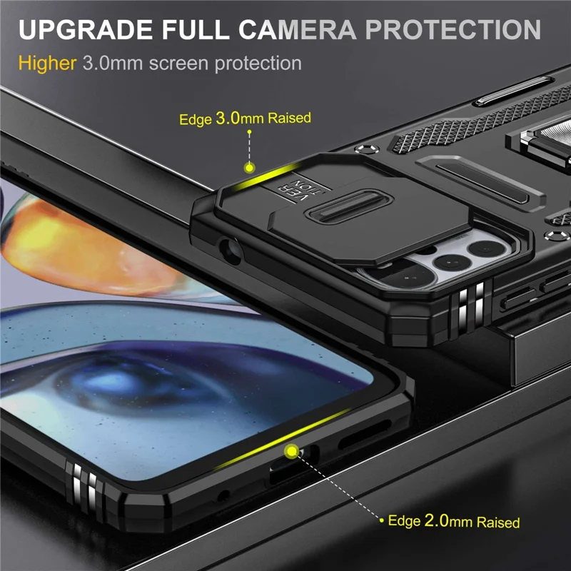 For Motorola Moto G22 Cell Phone Protector Lightweight PC + TPU Phone Case with Ring Kickstand + Slide Camera Cover - Black