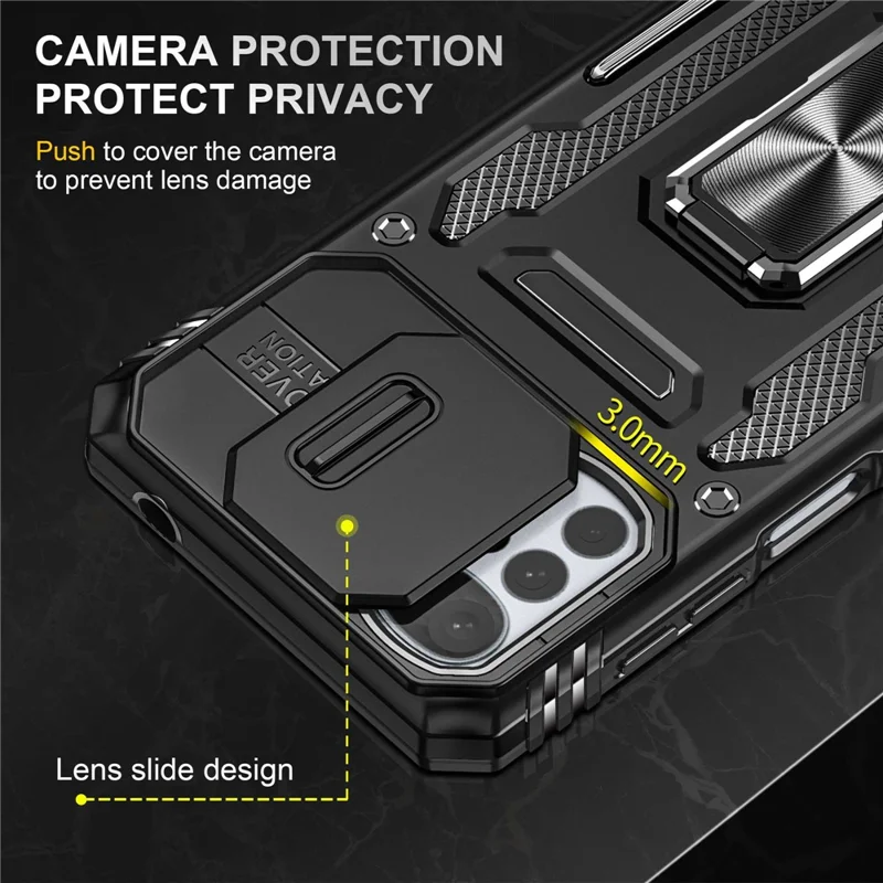 For Motorola Moto G22 Cell Phone Protector Lightweight PC + TPU Phone Case with Ring Kickstand + Slide Camera Cover - Black