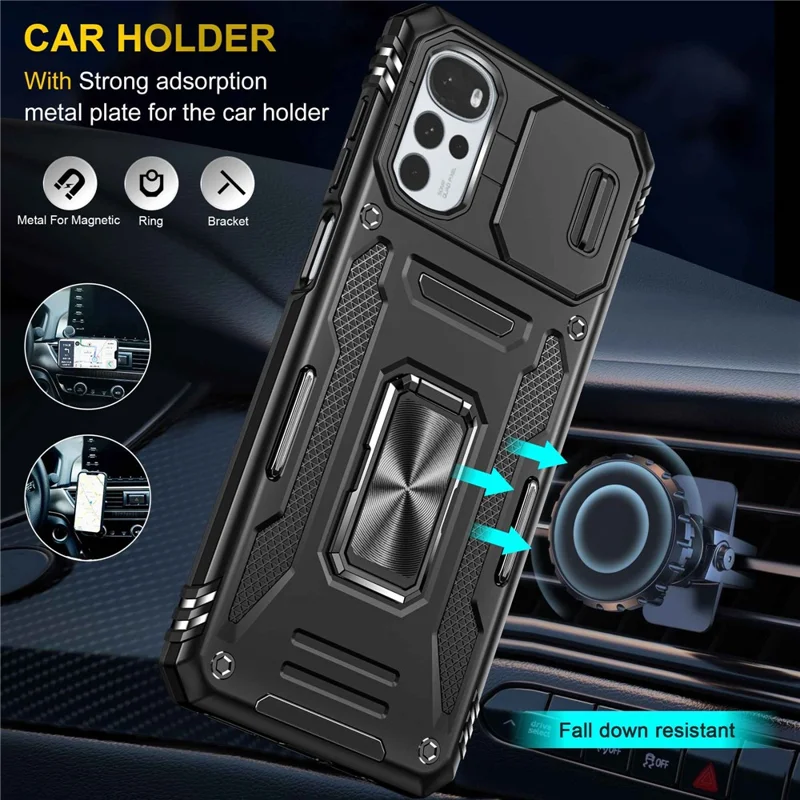 For Motorola Moto G22 Cell Phone Protector Lightweight PC + TPU Phone Case with Ring Kickstand + Slide Camera Cover - Black