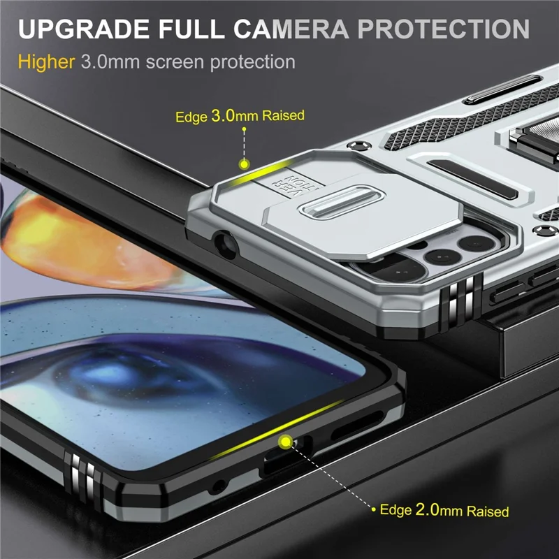 For Motorola Moto G22 Cell Phone Protector Lightweight PC + TPU Phone Case with Ring Kickstand + Slide Camera Cover - Grey