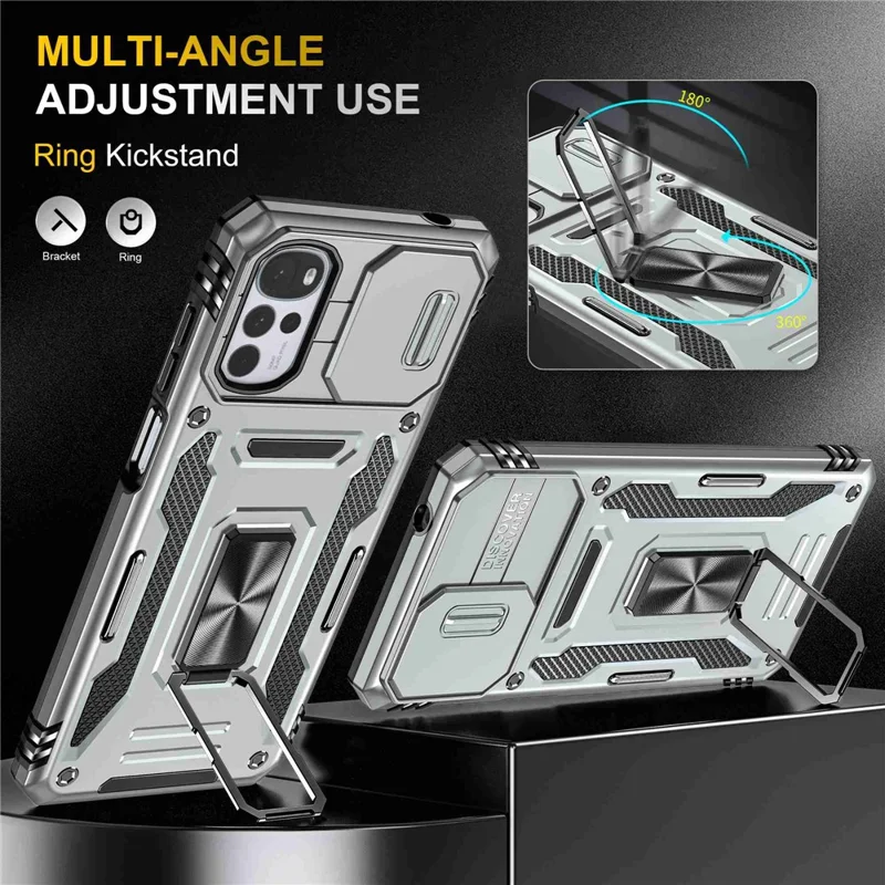 For Motorola Moto G22 Cell Phone Protector Lightweight PC + TPU Phone Case with Ring Kickstand + Slide Camera Cover - Grey
