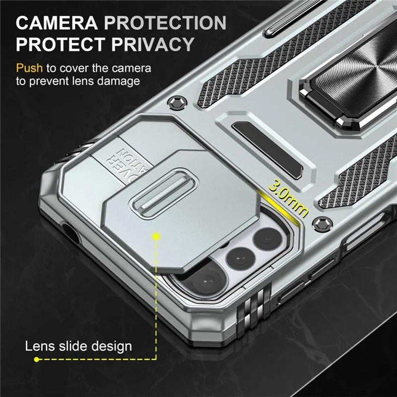 For Motorola Moto G22 Cell Phone Protector Lightweight PC + TPU Phone Case with Ring Kickstand + Slide Camera Cover - Grey