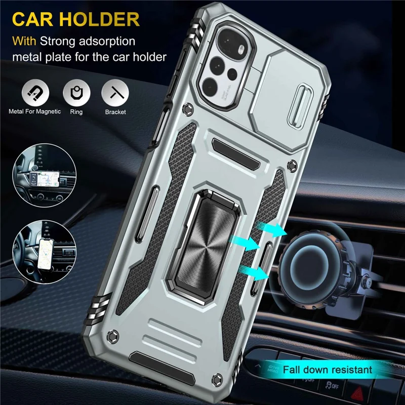 For Motorola Moto G22 Cell Phone Protector Lightweight PC + TPU Phone Case with Ring Kickstand + Slide Camera Cover - Grey