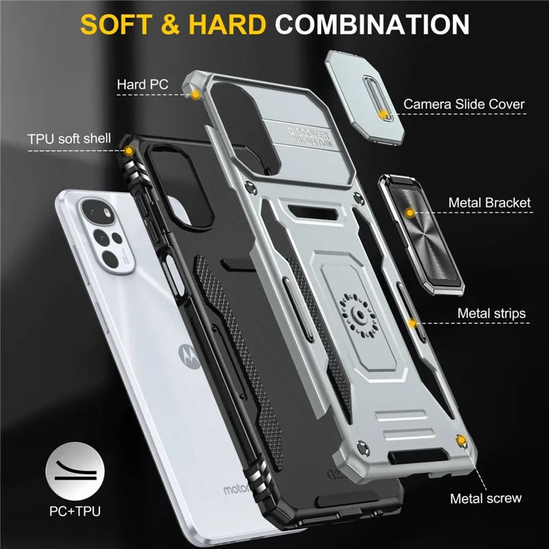 For Motorola Moto G22 Cell Phone Protector Lightweight PC + TPU Phone Case with Ring Kickstand + Slide Camera Cover - Grey