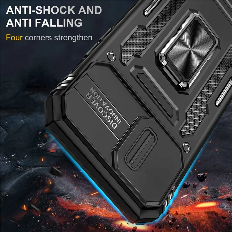 Mobile Phone Case for iPhone 14 Pro Max 6.7 inch, PC + TPU Ring Kickstand Cell Phone Shell with Slide Camera Protector - Black