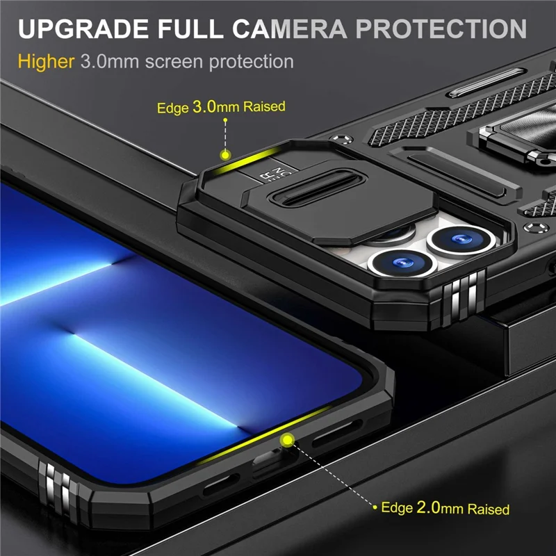 Mobile Phone Case for iPhone 14 Pro Max 6.7 inch, PC + TPU Ring Kickstand Cell Phone Shell with Slide Camera Protector - Black
