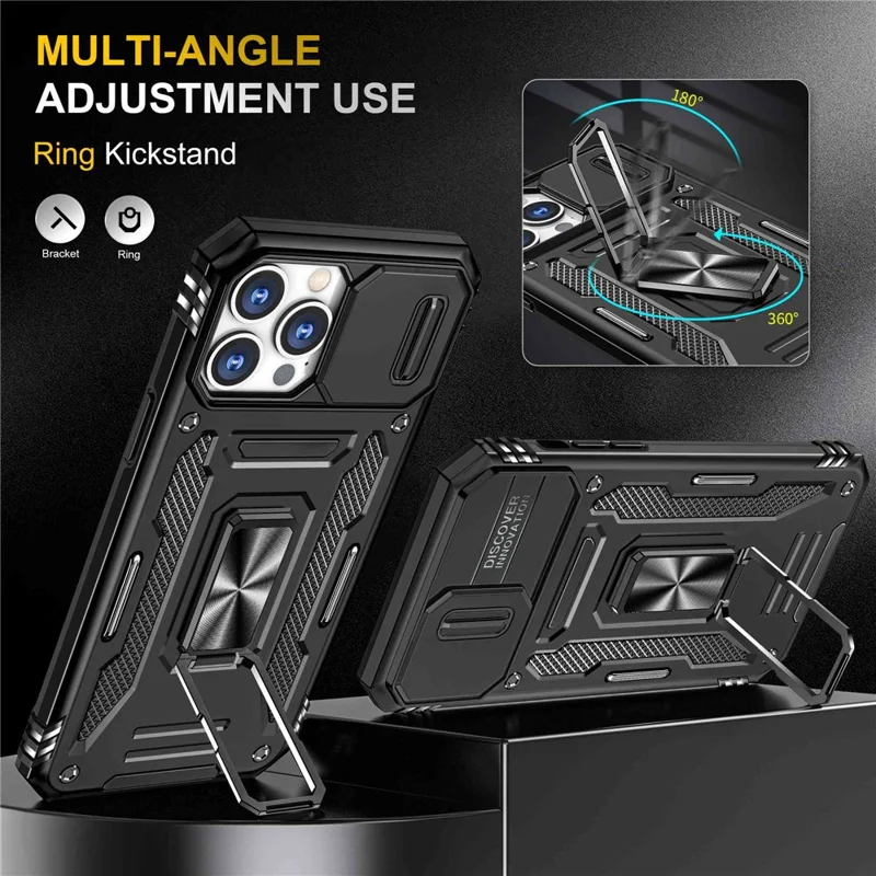 Mobile Phone Case for iPhone 14 Pro Max 6.7 inch, PC + TPU Ring Kickstand Cell Phone Shell with Slide Camera Protector - Black