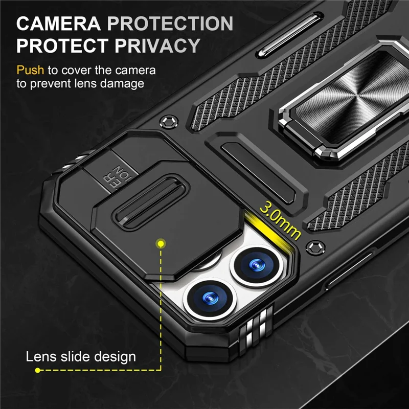 Mobile Phone Case for iPhone 14 Pro Max 6.7 inch, PC + TPU Ring Kickstand Cell Phone Shell with Slide Camera Protector - Black