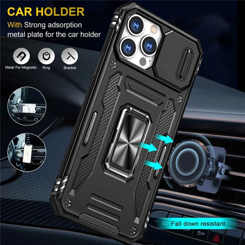 Mobile Phone Case for iPhone 14 Pro Max 6.7 inch, PC + TPU Ring Kickstand Cell Phone Shell with Slide Camera Protector - Black