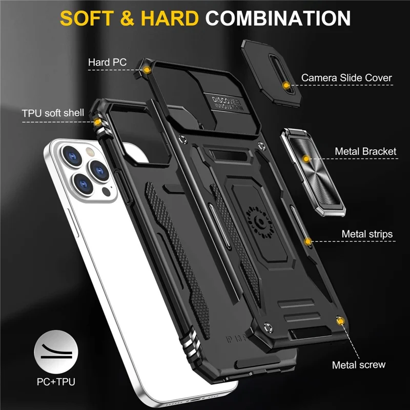 Mobile Phone Case for iPhone 14 Pro Max 6.7 inch, PC + TPU Ring Kickstand Cell Phone Shell with Slide Camera Protector - Black