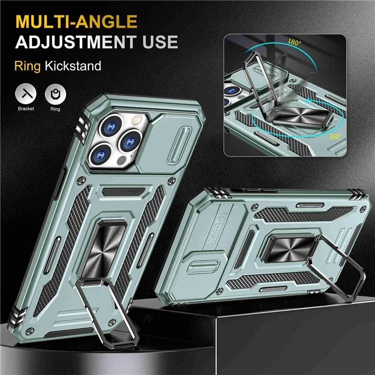 Pour Iphone 14 Pro 6.1 Pouces Hard PC + TPU Ring Kickstand Téléphone Case de Téléphone à la Glissière Couverture de Caméra - Vert Alpin