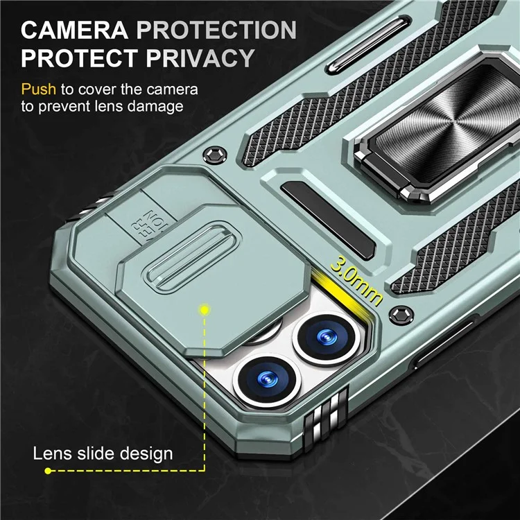 Pour Iphone 14 Pro 6.1 Pouces Hard PC + TPU Ring Kickstand Téléphone Case de Téléphone à la Glissière Couverture de Caméra - Vert Alpin