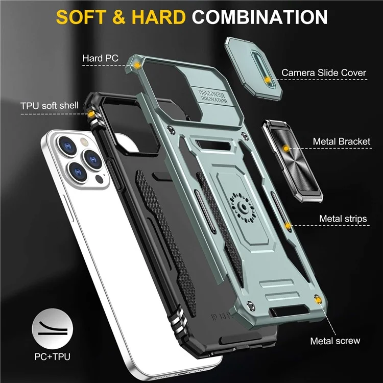 Pour Iphone 14 Pro 6.1 Pouces Hard PC + TPU Ring Kickstand Téléphone Case de Téléphone à la Glissière Couverture de Caméra - Vert Alpin