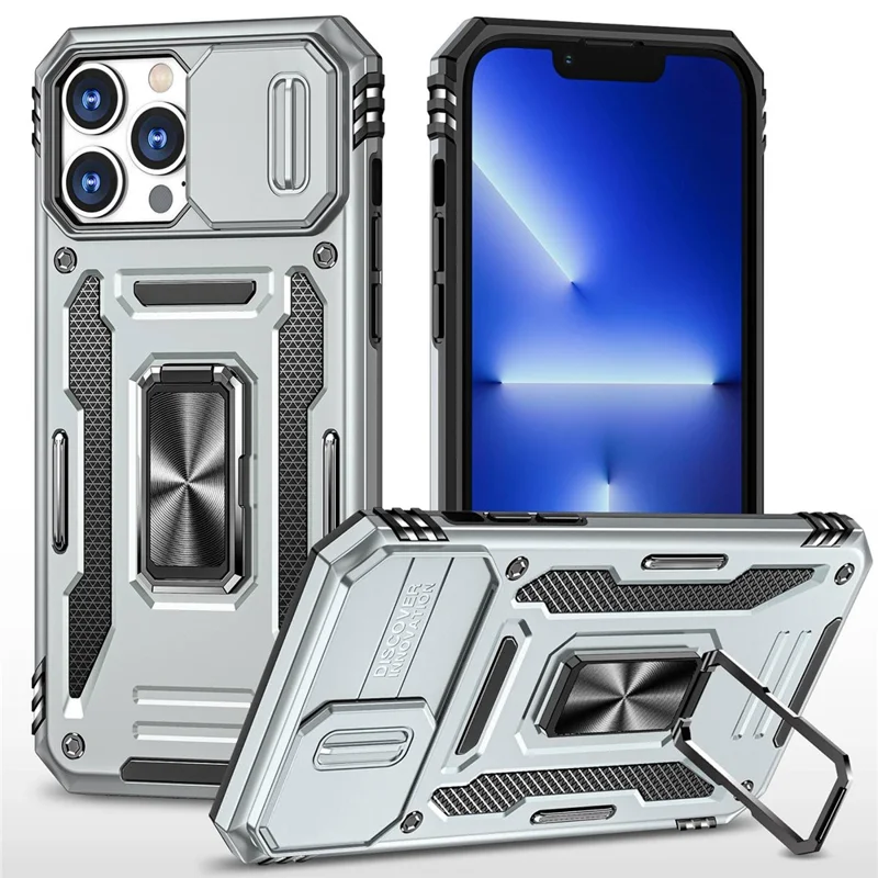 For iPhone 14 Pro 6.1 inch Hard PC + TPU Ring Kickstand Cell Phone Case Slide Camera Cover Anti-fingerprint Phone Shell - Grey