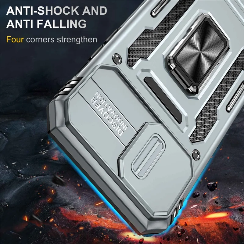 For iPhone 14 Pro 6.1 inch Hard PC + TPU Ring Kickstand Cell Phone Case Slide Camera Cover Anti-fingerprint Phone Shell - Grey