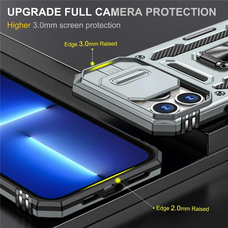 For iPhone 14 Pro 6.1 inch Hard PC + TPU Ring Kickstand Cell Phone Case Slide Camera Cover Anti-fingerprint Phone Shell - Grey