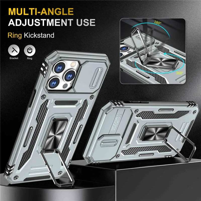 For iPhone 14 Pro 6.1 inch Hard PC + TPU Ring Kickstand Cell Phone Case Slide Camera Cover Anti-fingerprint Phone Shell - Grey