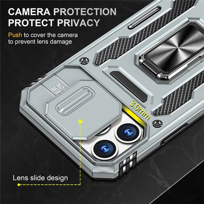 For iPhone 14 Pro 6.1 inch Hard PC + TPU Ring Kickstand Cell Phone Case Slide Camera Cover Anti-fingerprint Phone Shell - Grey