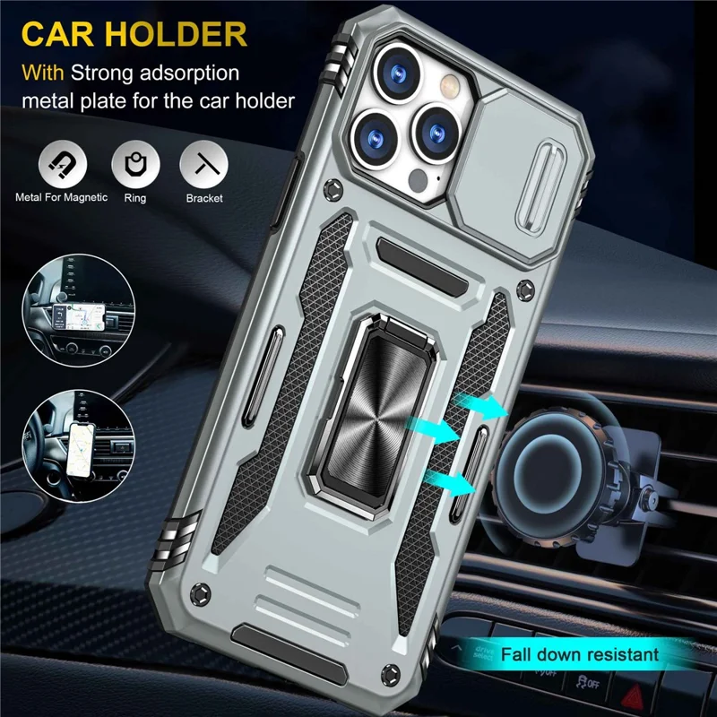 For iPhone 14 Pro 6.1 inch Hard PC + TPU Ring Kickstand Cell Phone Case Slide Camera Cover Anti-fingerprint Phone Shell - Grey