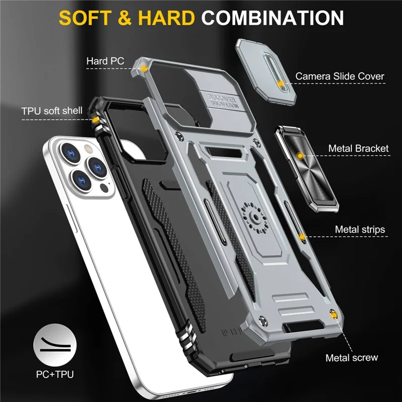 For iPhone 14 Pro 6.1 inch Hard PC + TPU Ring Kickstand Cell Phone Case Slide Camera Cover Anti-fingerprint Phone Shell - Grey