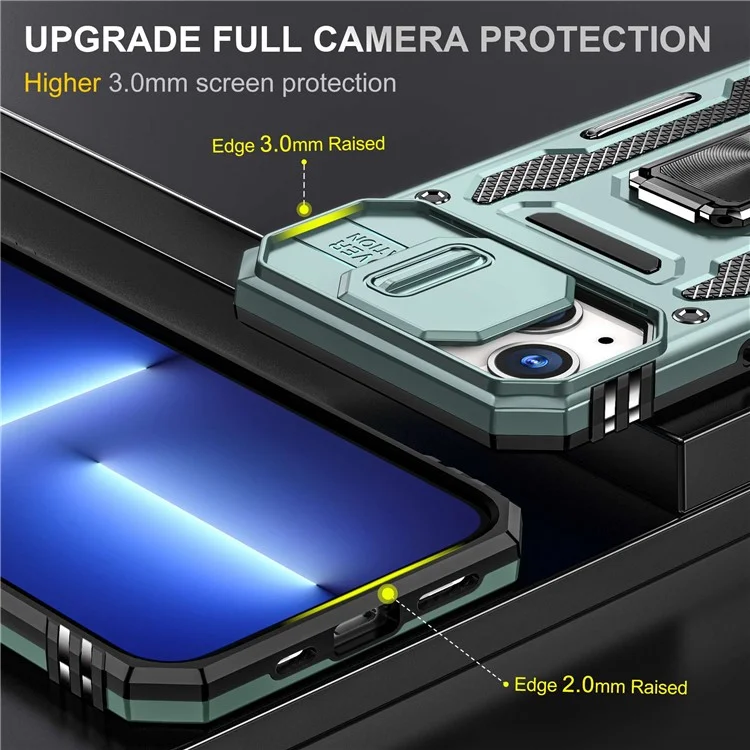 Für Das Iphone 14 6,1 Zoll Ring Kickstand Handy-protektor Schieber Kameraabdeckung Anti-fingerabdruck-pc + Tpu-telefonhülle - Alpengrün