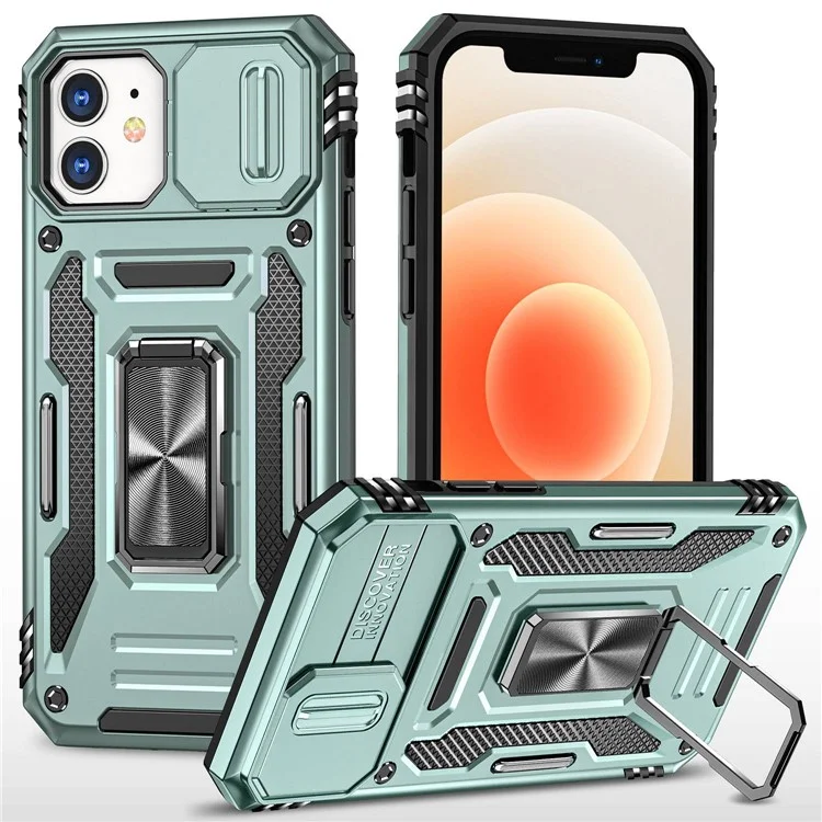 Para Iphone 12 6.1 Pulgadas de Caja Protectora PC + TPU Ring Shell de Teléfono Celular Con Cubierta de Cámara de Portaobjetos - Verde Alpino