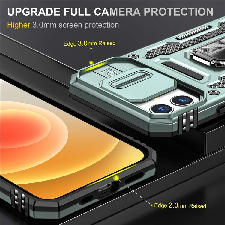 Para Iphone 12 6.1 Pulgadas de Caja Protectora PC + TPU Ring Shell de Teléfono Celular Con Cubierta de Cámara de Portaobjetos - Verde Alpino