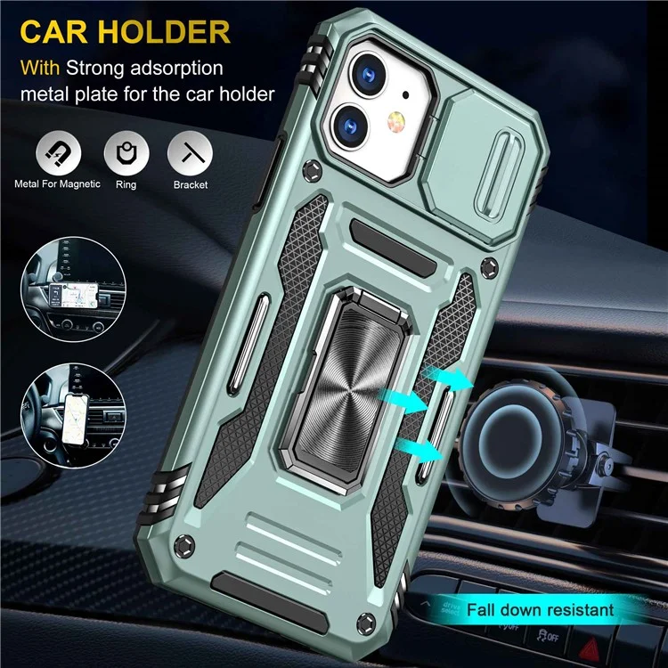 Para Iphone 12 6.1 Pulgadas de Caja Protectora PC + TPU Ring Shell de Teléfono Celular Con Cubierta de Cámara de Portaobjetos - Verde Alpino