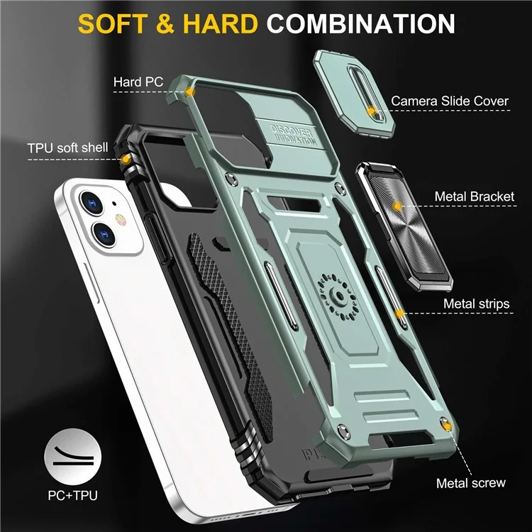 Para Iphone 12 6.1 Pulgadas de Caja Protectora PC + TPU Ring Shell de Teléfono Celular Con Cubierta de Cámara de Portaobjetos - Verde Alpino