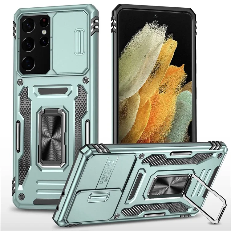 Per Samsung Galaxy S21 Ultra 5G Anti-Fall Telefall Slide Camera Cover PC + TPU Ring Kickstand Shell Del Telefono Cellulare - Verde Alpino