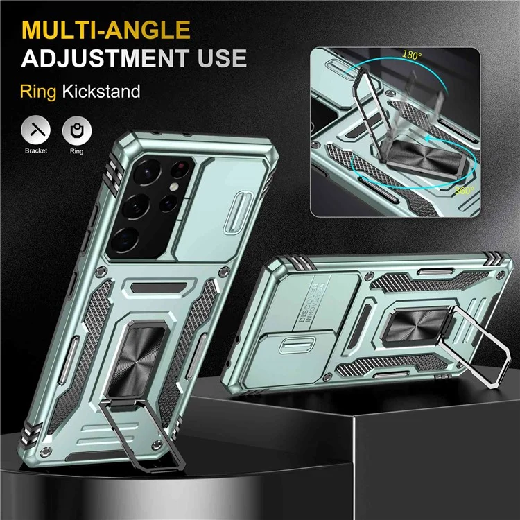Per Samsung Galaxy S21 Ultra 5G Anti-Fall Telefall Slide Camera Cover PC + TPU Ring Kickstand Shell Del Telefono Cellulare - Verde Alpino