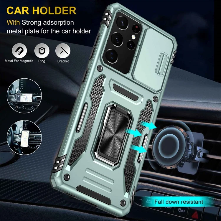 Per Samsung Galaxy S21 Ultra 5G Anti-Fall Telefall Slide Camera Cover PC + TPU Ring Kickstand Shell Del Telefono Cellulare - Verde Alpino