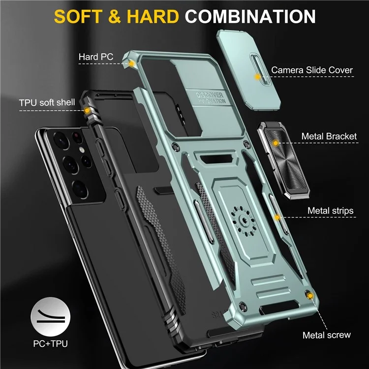 Per Samsung Galaxy S21 Ultra 5G Anti-Fall Telefall Slide Camera Cover PC + TPU Ring Kickstand Shell Del Telefono Cellulare - Verde Alpino