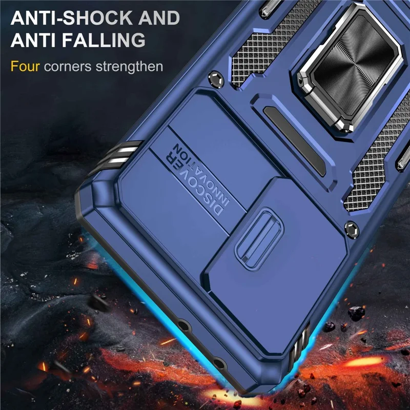 For Samsung Galaxy S21 Ultra 5G Anti-Fall Phone Case Slide Camera Cover PC + TPU Ring Kickstand Cell Phone Shell - Navy Blue