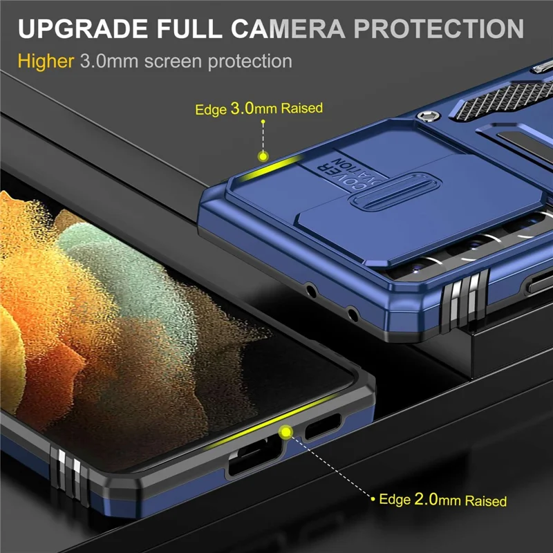 For Samsung Galaxy S21 Ultra 5G Anti-Fall Phone Case Slide Camera Cover PC + TPU Ring Kickstand Cell Phone Shell - Navy Blue