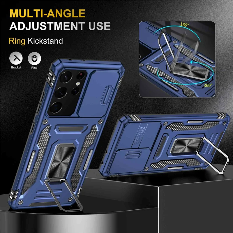 For Samsung Galaxy S21 Ultra 5G Anti-Fall Phone Case Slide Camera Cover PC + TPU Ring Kickstand Cell Phone Shell - Navy Blue