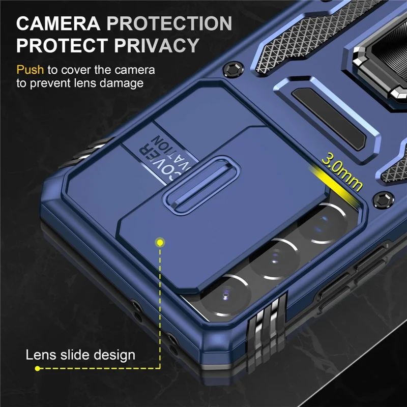 For Samsung Galaxy S21 Ultra 5G Anti-Fall Phone Case Slide Camera Cover PC + TPU Ring Kickstand Cell Phone Shell - Navy Blue